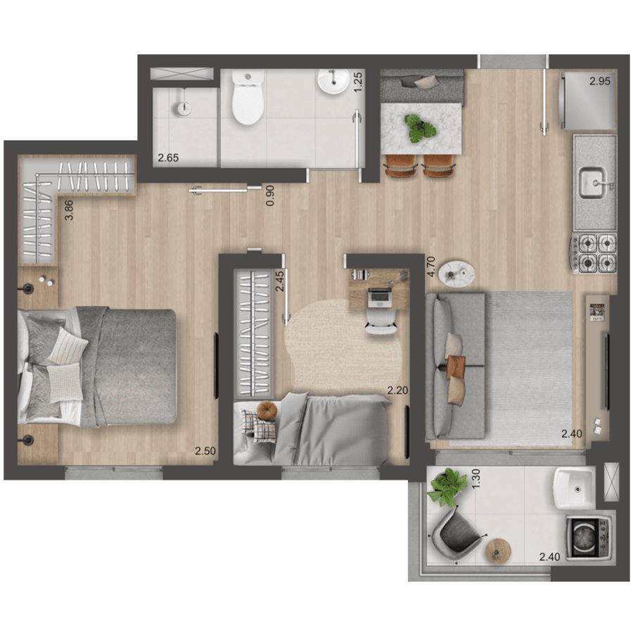 Meio | 2 dorms 40,72 m²