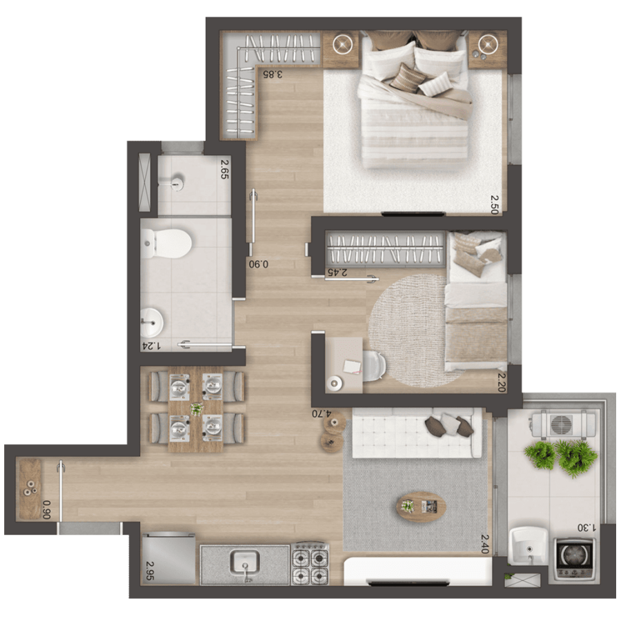 Ponta | 2 dorms 42,25 m²