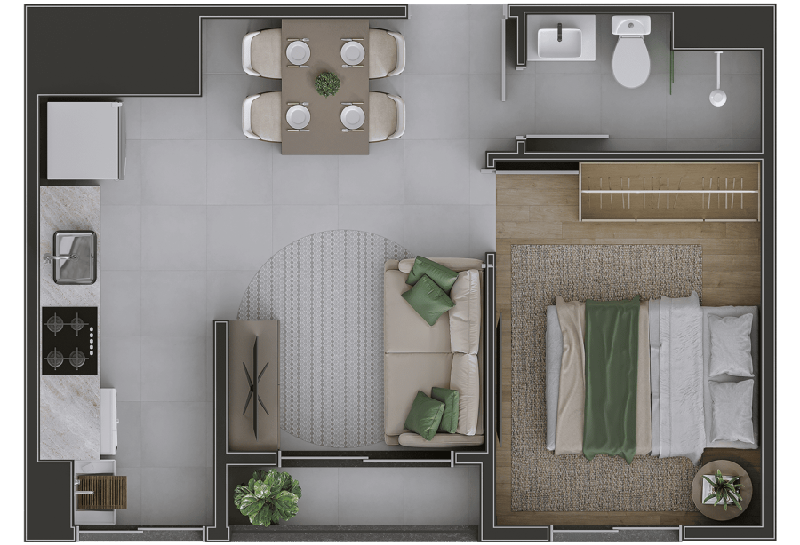Planta Urbano First, 1 dormitório, 32m² com varanda