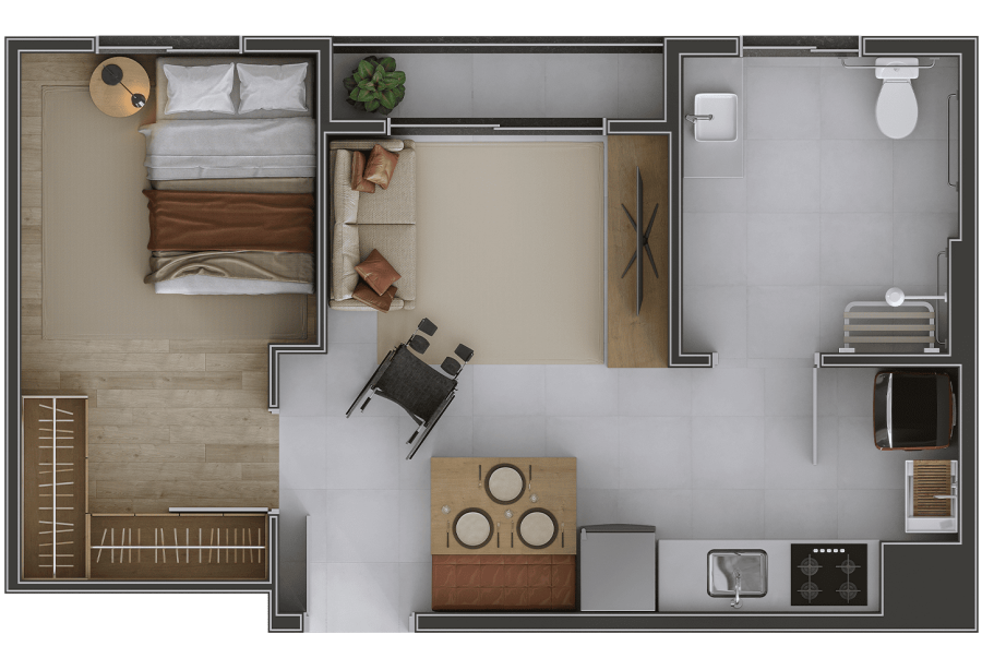Planta Urbano First, 1 dormitório, 38m² com varanda