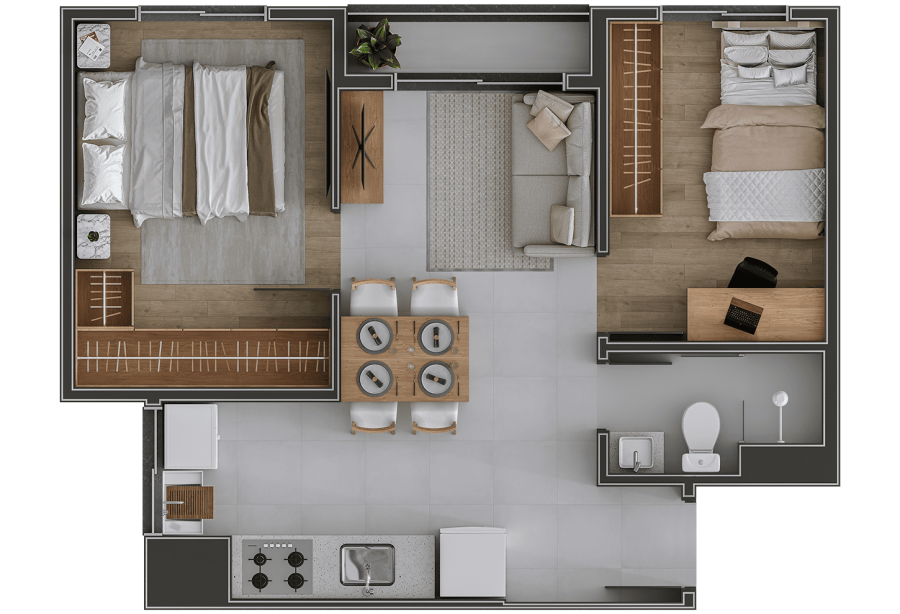 Planta Urbano First, 2 dormitórios, 38m² com varanda, variante 2