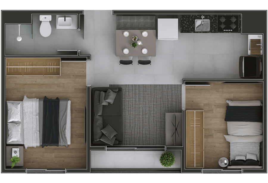 Planta Urbano First, 2 dormitórios, 38m² com varanda